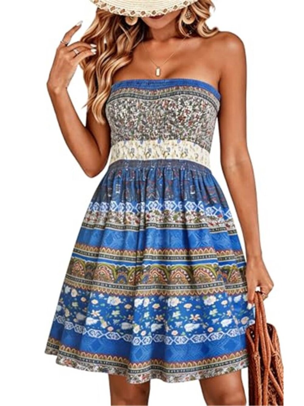 CHICGAL Strapless Boho Sundress Blue Floral Print Smocked Beach Dress